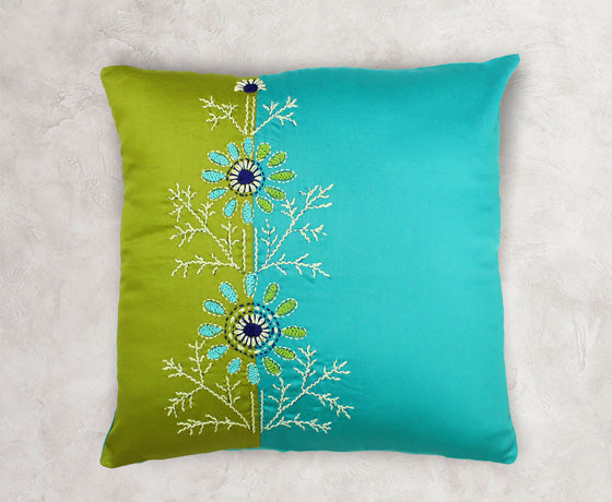 Hand Embroidery Floral Motif Turquoise Blue And Olive Green Combination Cushion Cover- Design 3 - Set of 2 Pcs