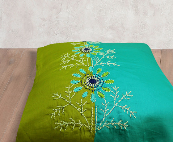 Hand Embroidery Floral Motif Turquoise Blue And Olive Green Combination Cushion Cover- Design 3 - Set of 2 Pcs