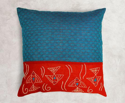 Hand Embroidery Combination Colour Red And Blue Handloom Cotton Cushion Cover- Design 10