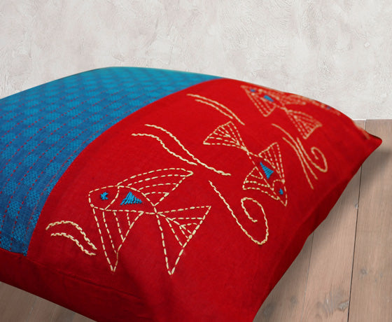 Hand Embroidery Combination Colour Red And Blue Handloom Cotton Cushion Cover- Design 10