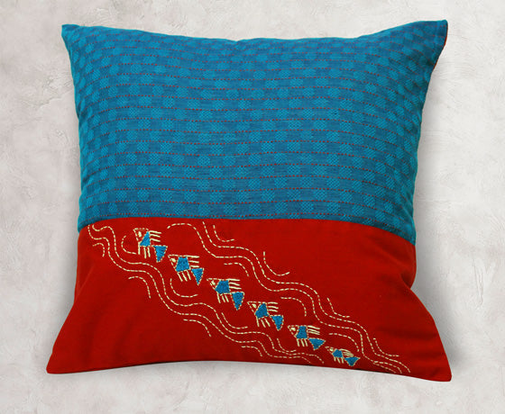 Hand Embroidery Red And Blue Combination Handloom Cotton Cushion Cover- Design 8