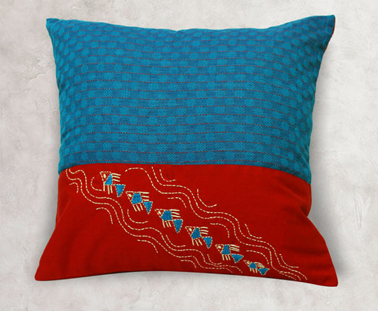 Hand Embroidery Red And Blue Combination Handloom Cotton Cushion Cover- Design 8