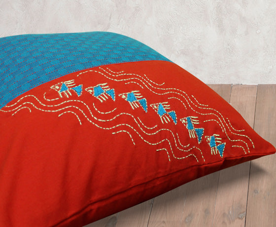 Hand Embroidery Red And Blue Combination Handloom Cotton Cushion Cover- Design 8