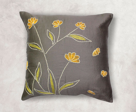 Hand Embroidery Diamond Motif Steel Grey Cotton Cushion Cover