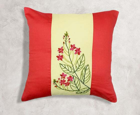 Hand Embroidery Floral Motif Red & Off White Cotton Cushion Cover-Set of 2 Pcs