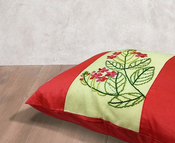 Hand Embroidery Floral Motif Red & Off White Cotton Cushion Cover-Set of 2 Pcs