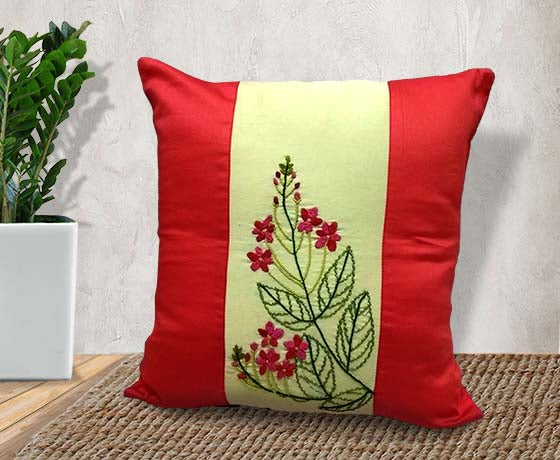 Hand Embroidery Floral Motif Red & Off White Cotton Cushion Cover-Set of 2 Pcs