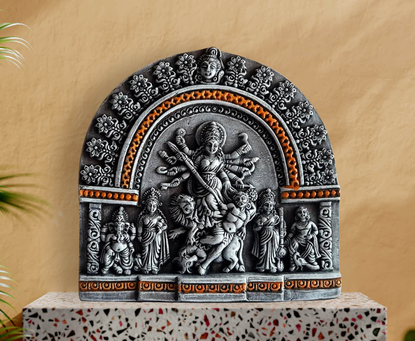 TERRACOTTA GODDESS DURGA WITH FAMILY WALL DECOR- COLOUR GREY