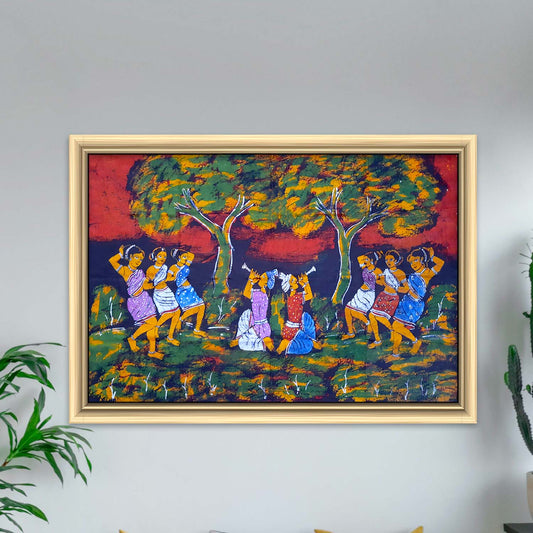 SANTHAL FOLK DANCERS DANCING TOGETHER- BATIK PAINTING