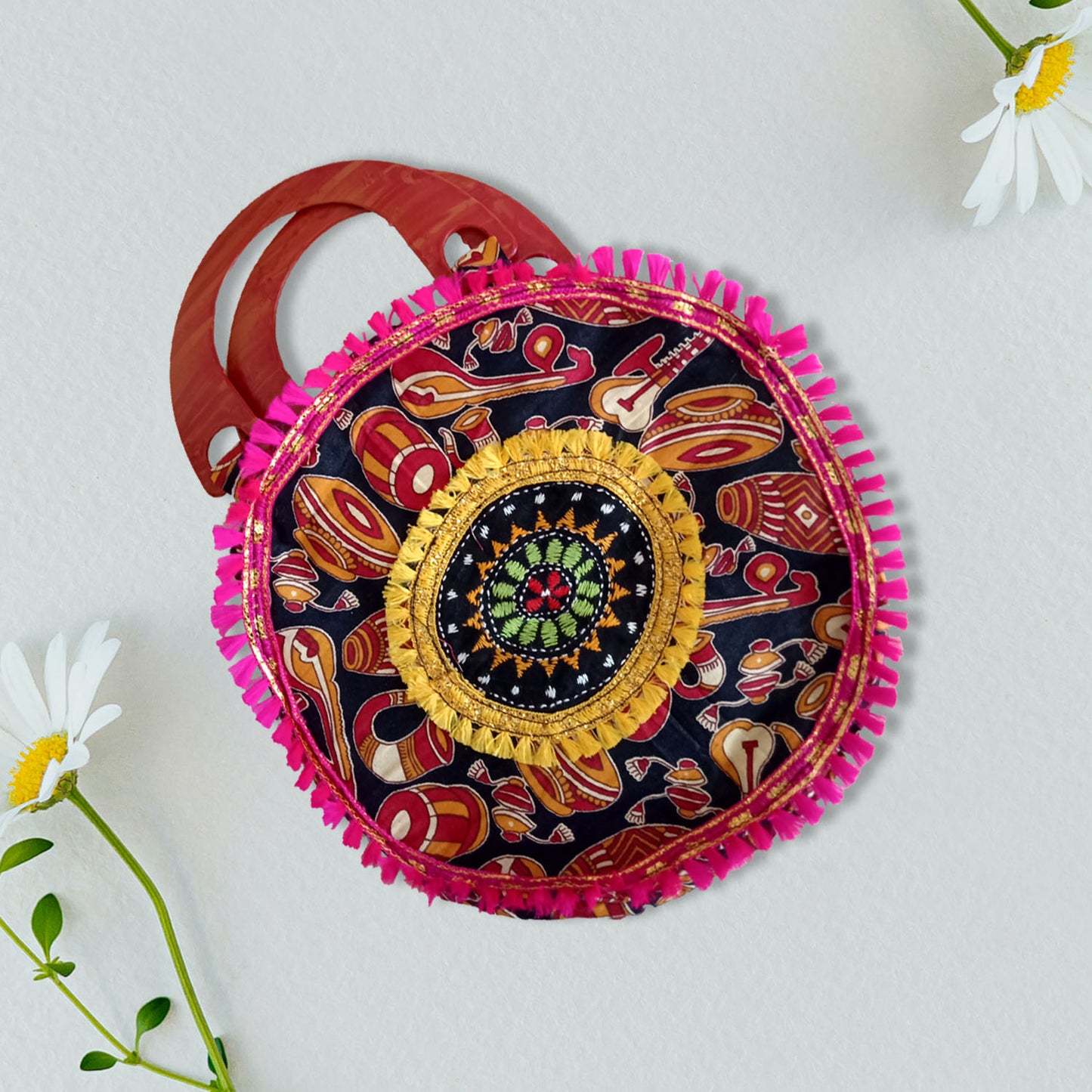 HANDMADE ROUND BAG WITH EMBROIDERY - PINK YELLOW