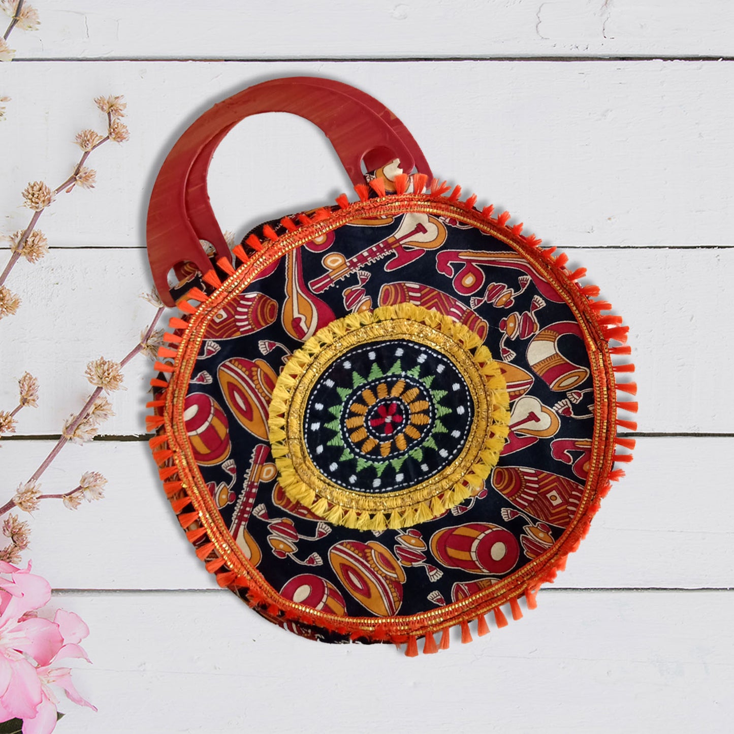 HANDMADE ROUND BAG WITH EMBROIDERY - BLACK BROWN