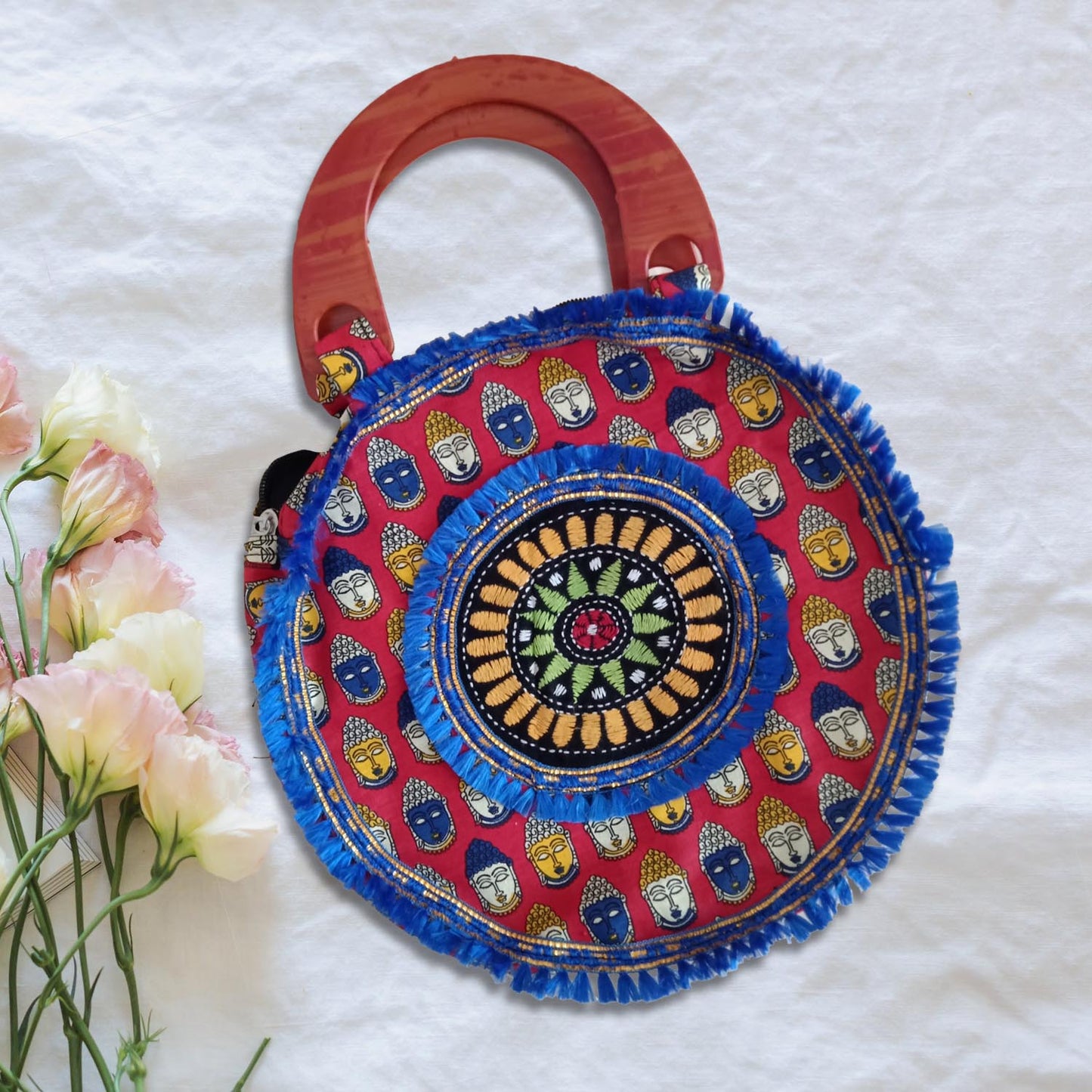 HANDMADE ROUND BAG WITH EMBROIDERY - RED BLUE