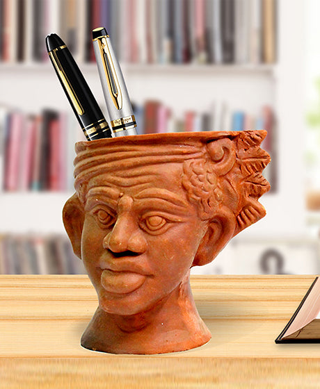 TERRACOTTA TRIBAL MALE FACE PEN STAND  FOR HOME DECORATION