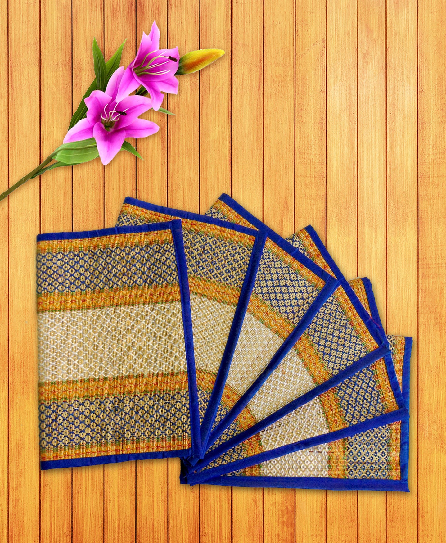 NATURAL HANDMADE BLUE WITH CLOTH LINING TABLE MAT & RUNNER MADE OF MADURKATHI / REED / RIVER GRASS