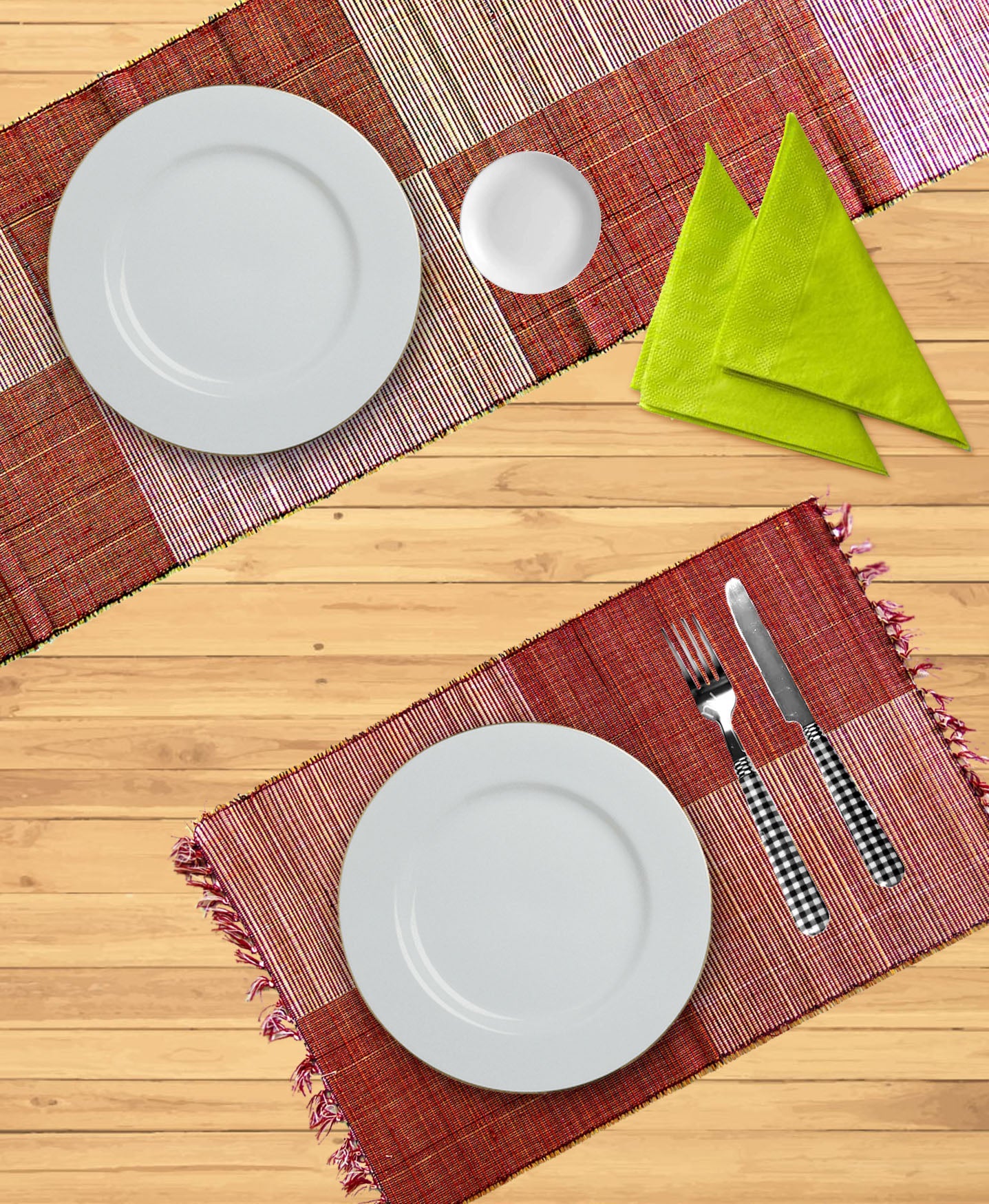 NATURAL HANDMADE WHITE, BLACK, BROWN AND ORANGE TABLE MAT & RUNNER MADE OF MADURKATHI / REED / RIVER GRASS