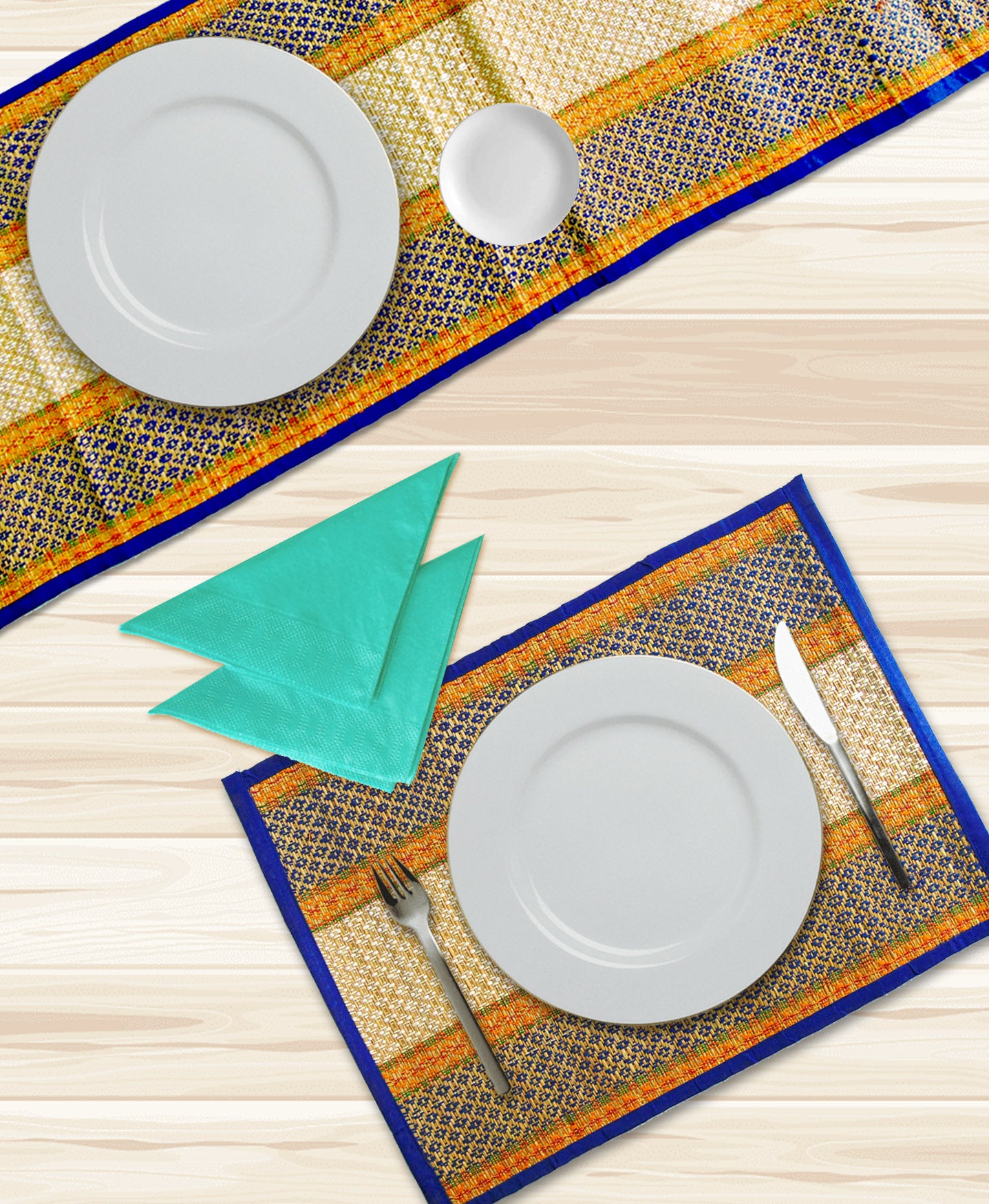 NATURAL HANDMADE BLUE WITH CLOTH LINING TABLE MAT & RUNNER MADE OF MADURKATHI / REED / RIVER GRASS