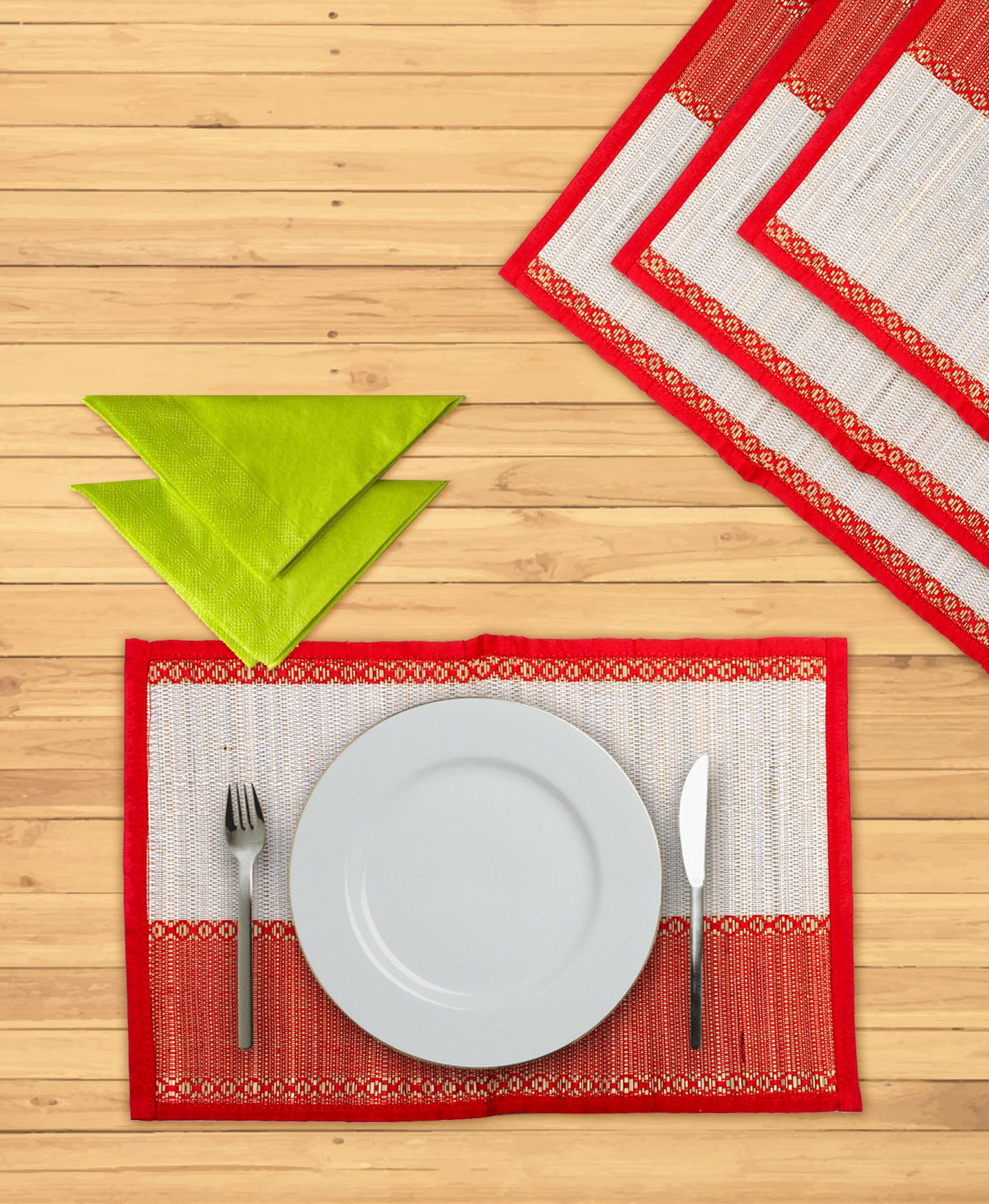 NATURAL HANDMADE RED STRIPE TABLE MAT & RUNNER MADE OF MADURKATHI / REED / RIVER GRASS