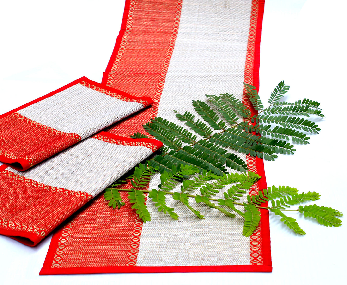 NATURAL HANDMADE RED STRIPE TABLE MAT & RUNNER MADE OF MADURKATHI / REED / RIVER GRASS