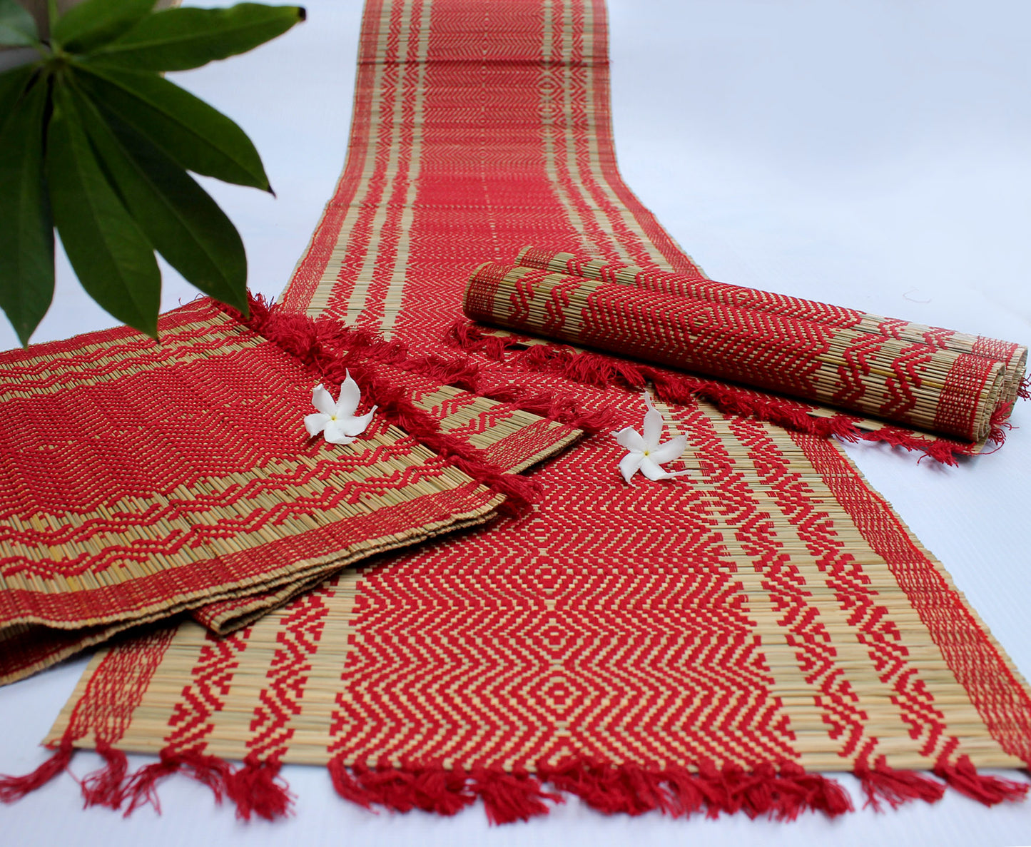 NATURAL HANDMADE RED AND GREY STRIPE TABLE MAT & RUNNER MADE OF MADURKATHI / REED / RIVER GRASS