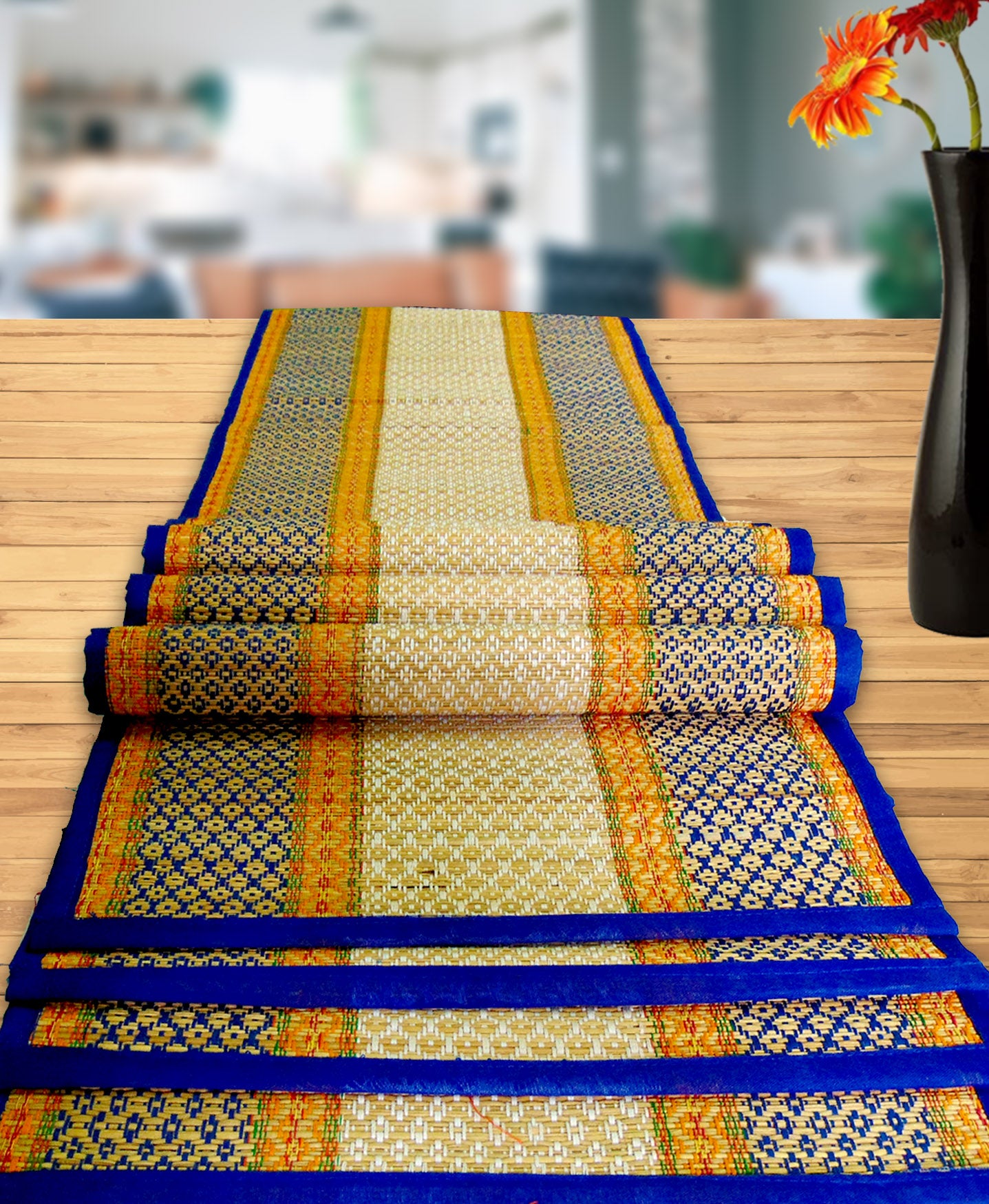 NATURAL HANDMADE BLUE WITH CLOTH LINING TABLE MAT & RUNNER MADE OF MADURKATHI / REED / RIVER GRASS