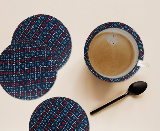 HAND EMBROIDERED ROUND COASTER SET OF 4 - BLACK