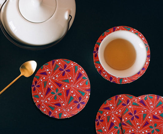 HAND EMBROIDERED ROUND COASTER SET OF 4 -ORANGE