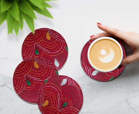 HAND EMBROIDERED ROUND COASTER SET OF 6- RED