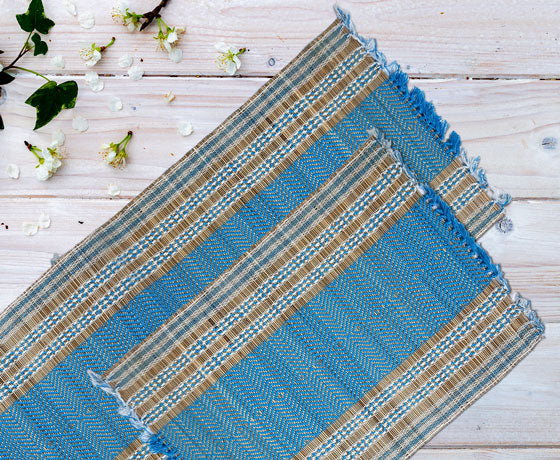 NATURAL HANDMADE BLUE GREEN MAT & RUNNER MADE OF MADURKATHI / REED / RIVER GRASS