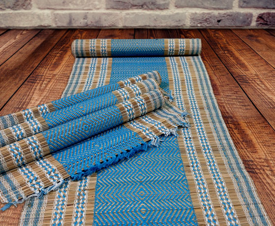 NATURAL HANDMADE BLUE GREEN MAT & RUNNER MADE OF MADURKATHI / REED / RIVER GRASS