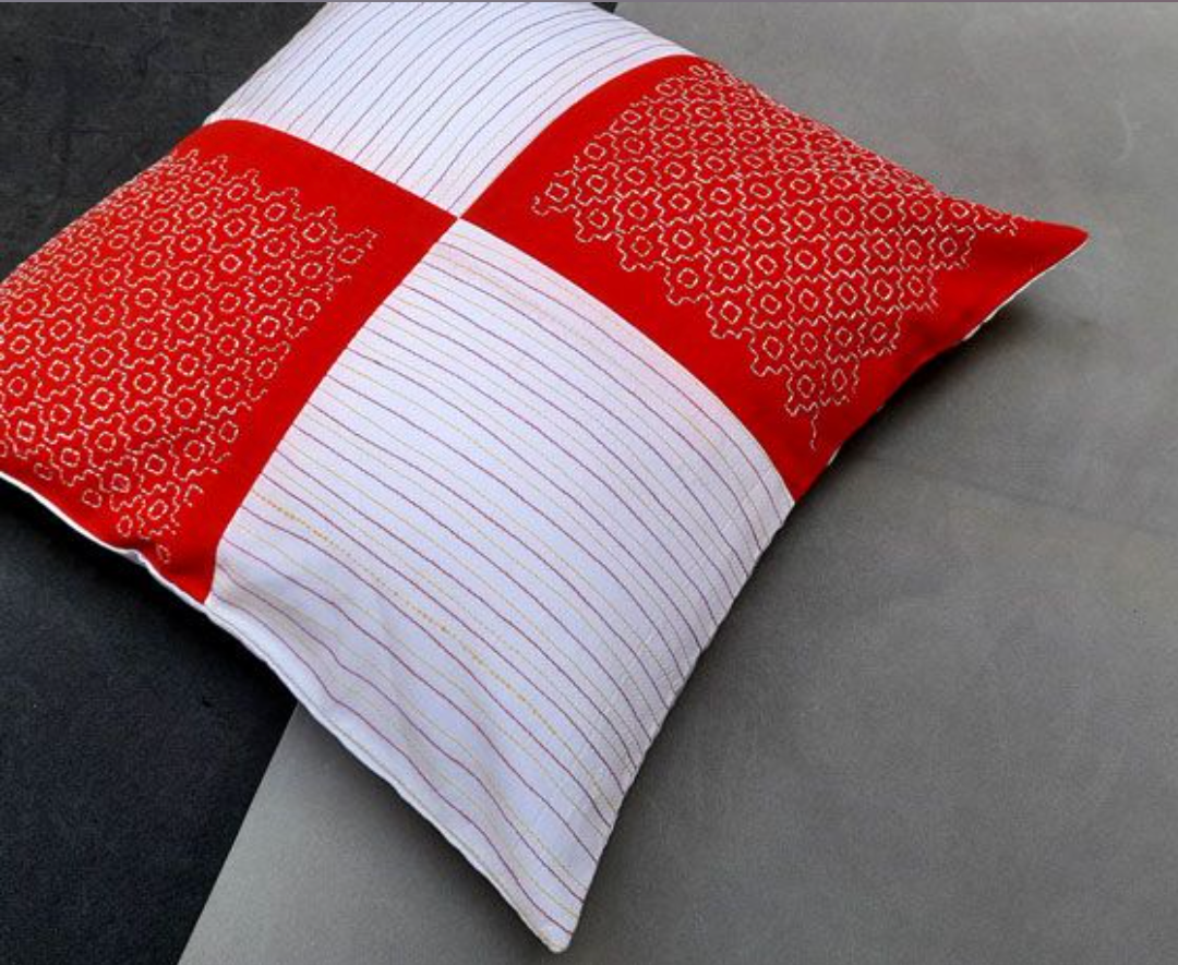 KANTHSTITCHED WHITE AND RED CUSHION COVER