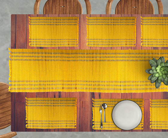 NATURAL HANDMADE YELLOW AND GREY TABLE MAT & RUNNER MADE OF MADURKATHI / REED / RIVER GRASS